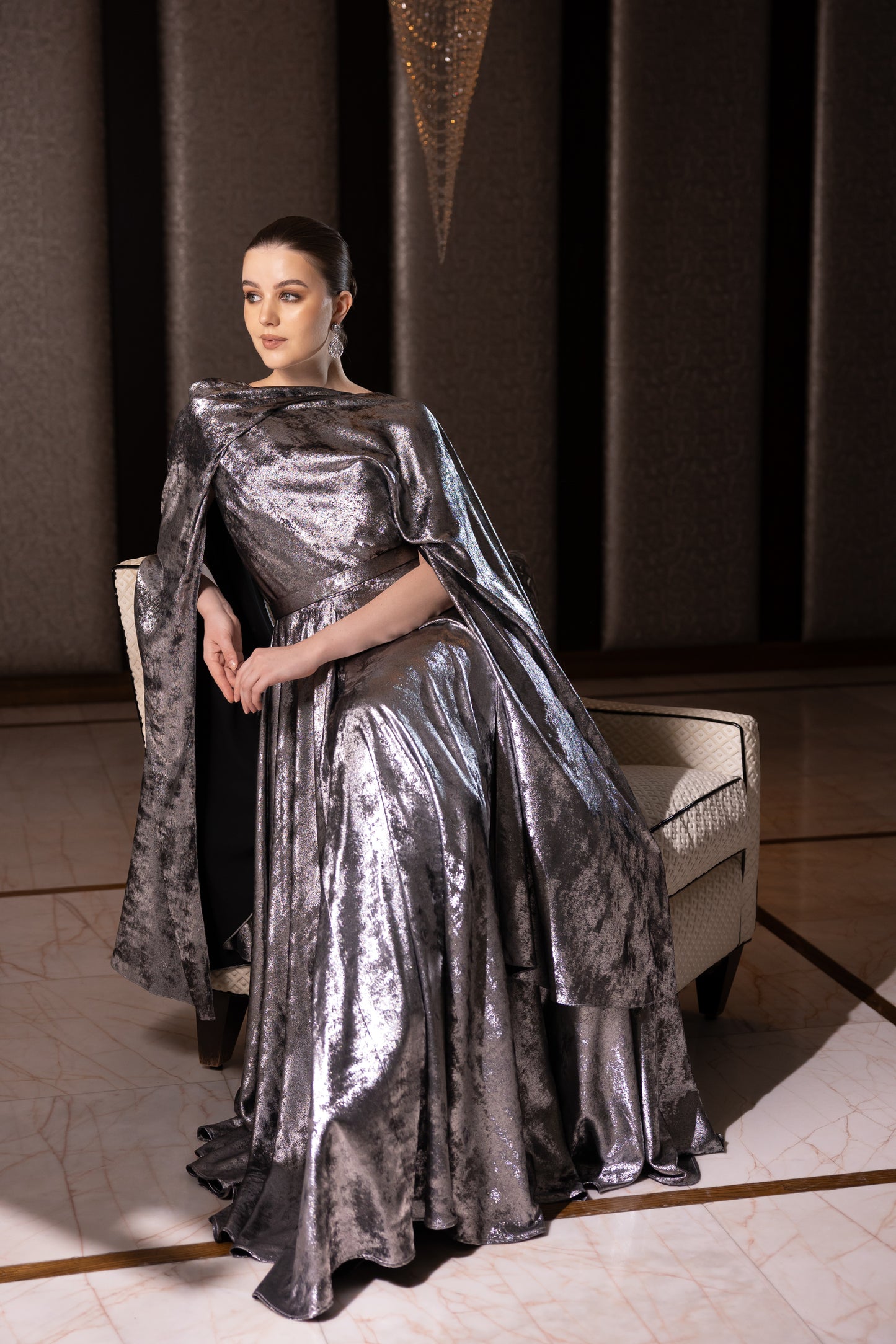 Silver Embellished Cape Gown