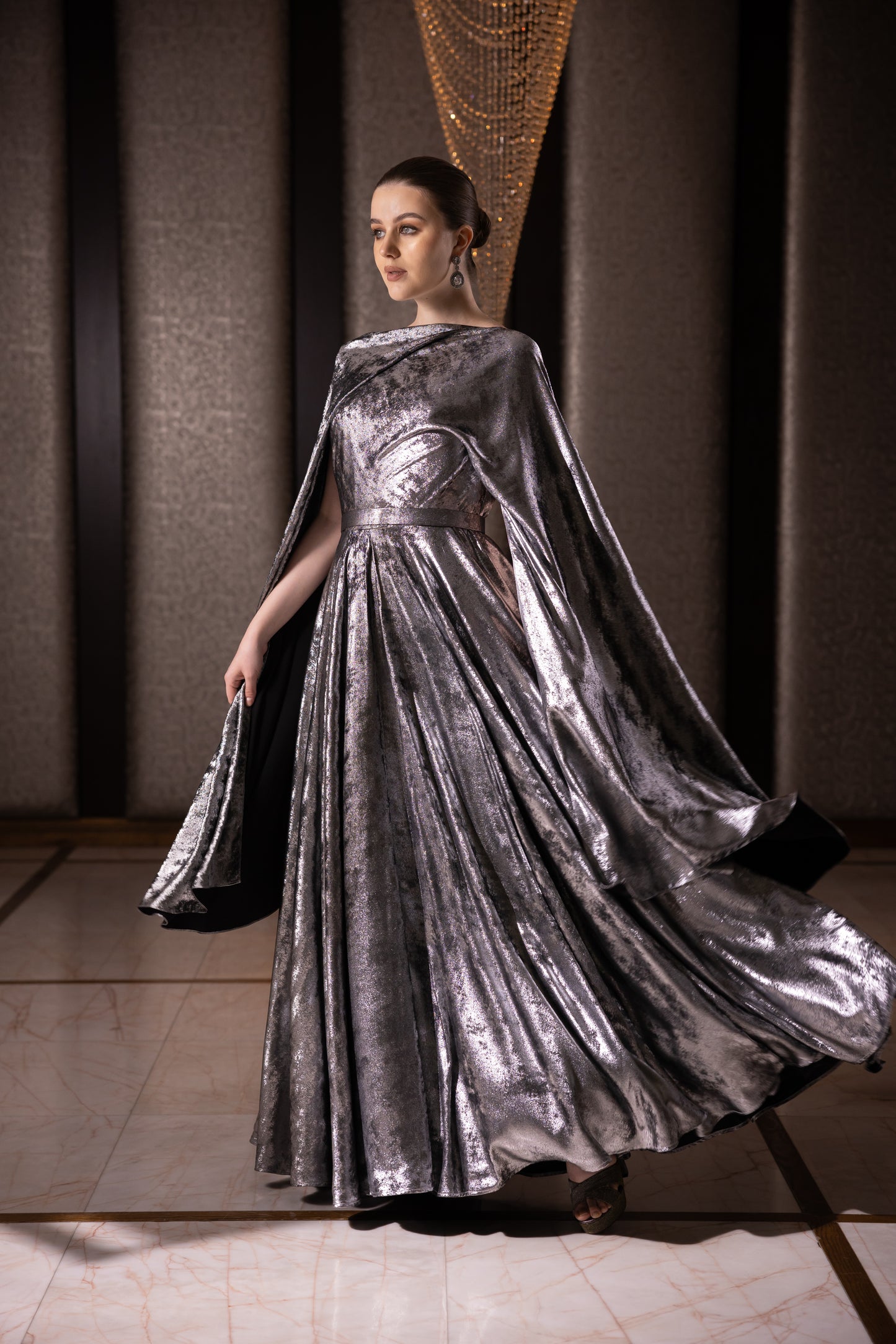 Silver Embellished Cape Gown