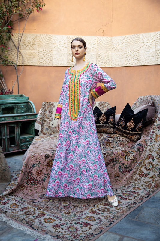 Bakhiya Contrast Jalabiya - Pink