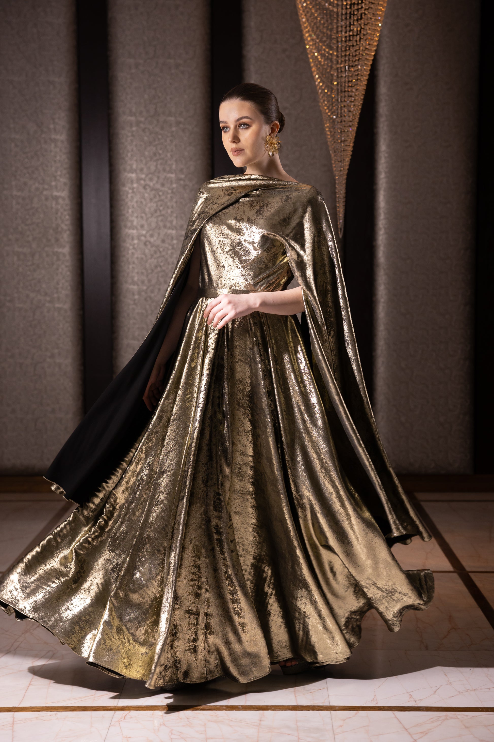 gold cape dress Sophie Couture The unique cape sleeves create a dramatic effect Stunning Gold Crystal Off Shoulder