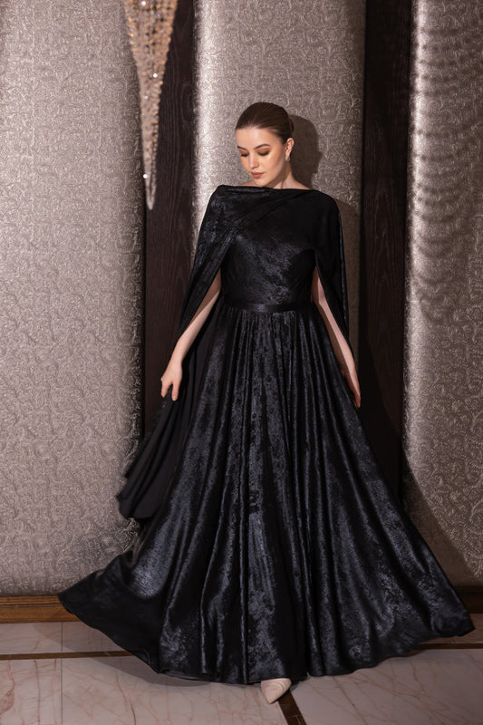 Black Embellished Cape Gown