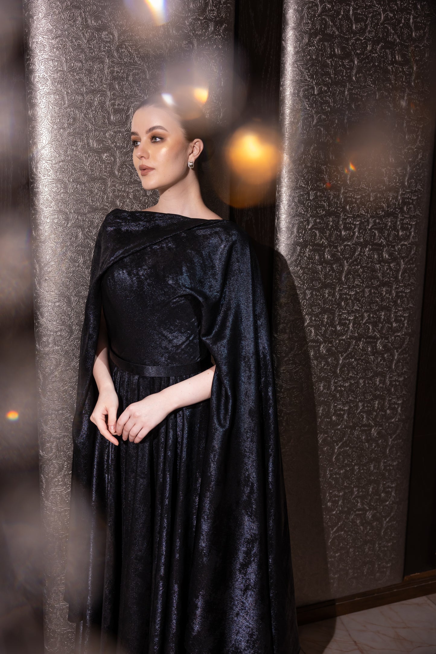 Black Embellished Cape Gown