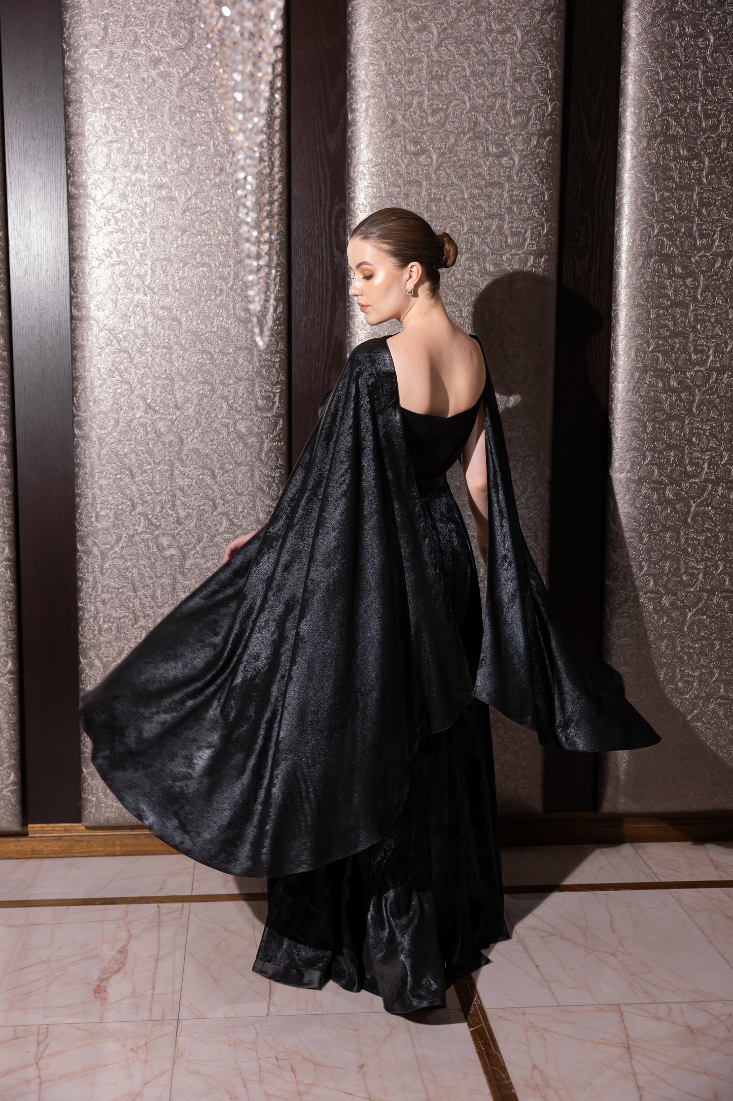 Black Embellished Cape Gown