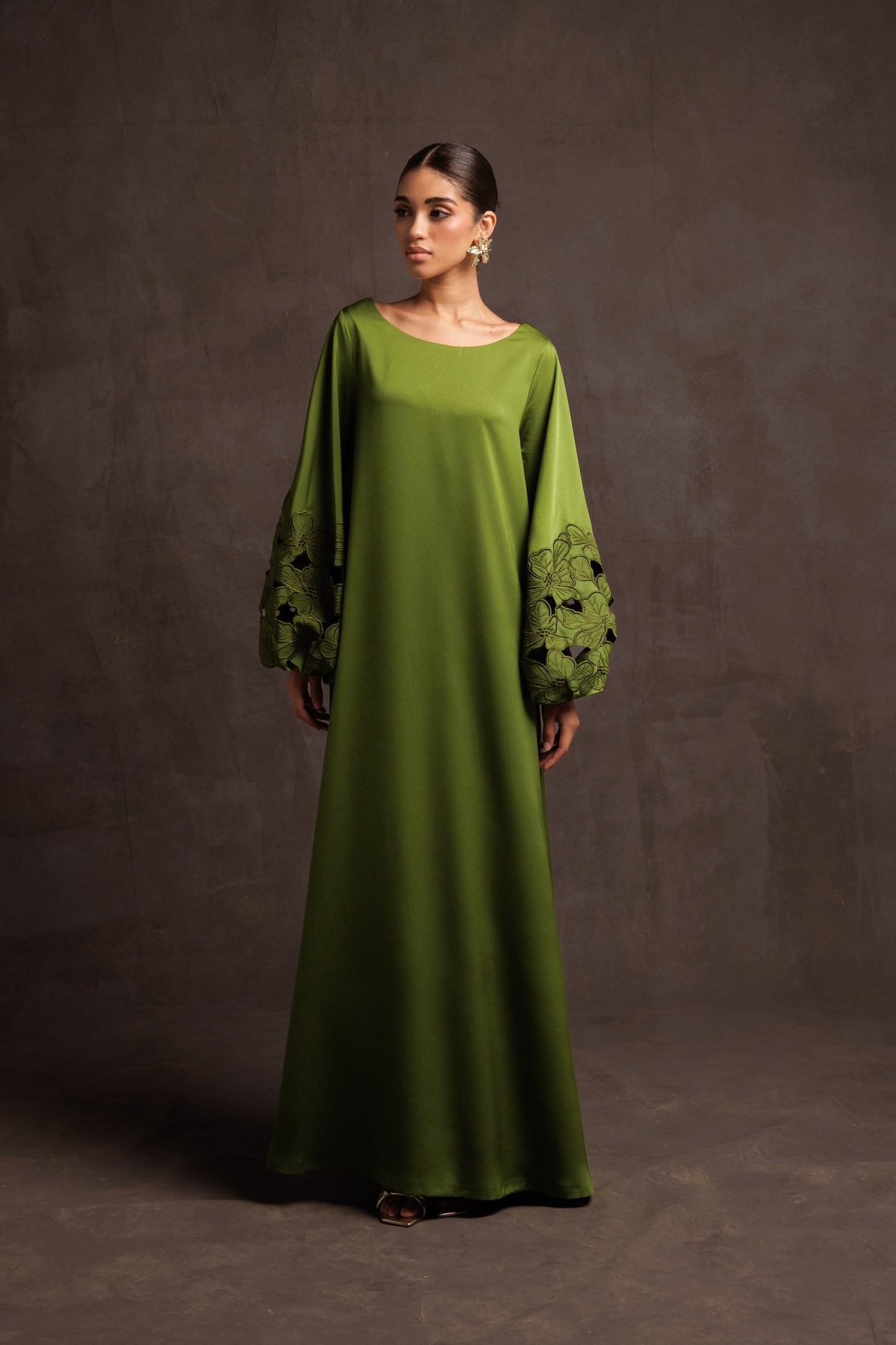 Floral Cut Out Broderie Dress - Green