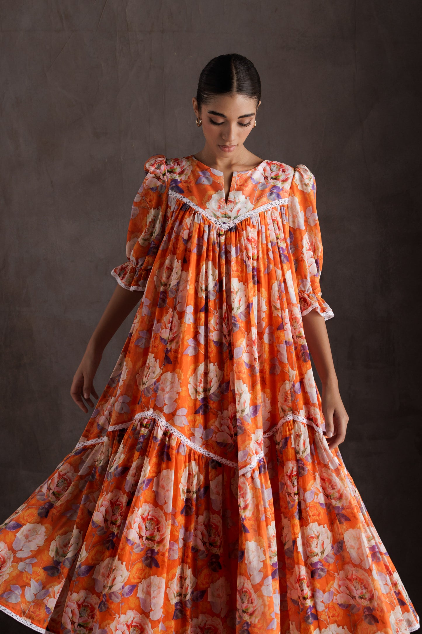 Puff sleeve Floral Dress - Orange