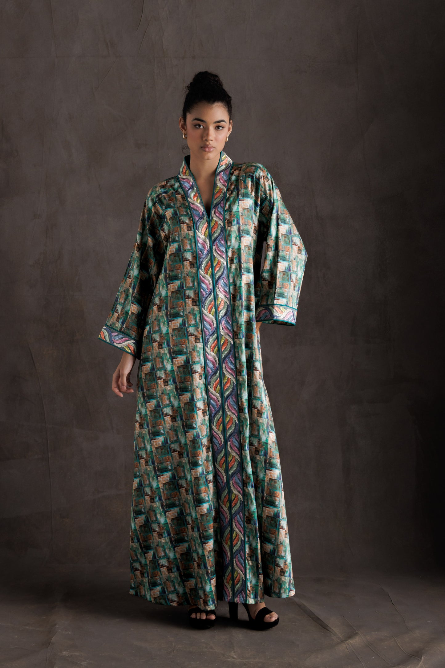 Tropical Print Embroidered Jalabiya - Turquoise