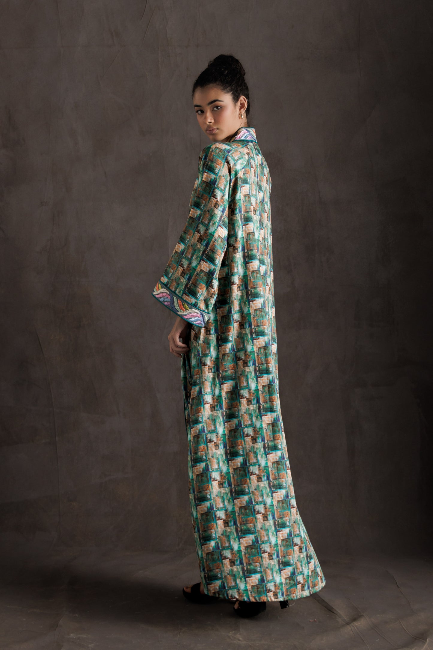 Tropical Print Embroidered Jalabiya - Turquoise