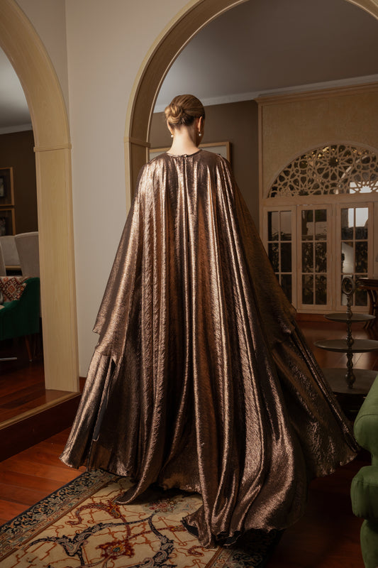 Cape Metallic Chiffon Gown