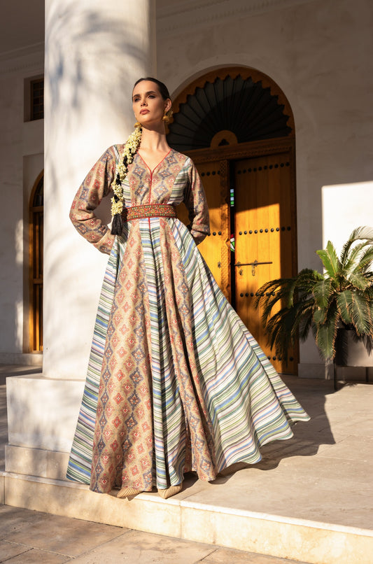 Multicolor Panel Belted Kaftan