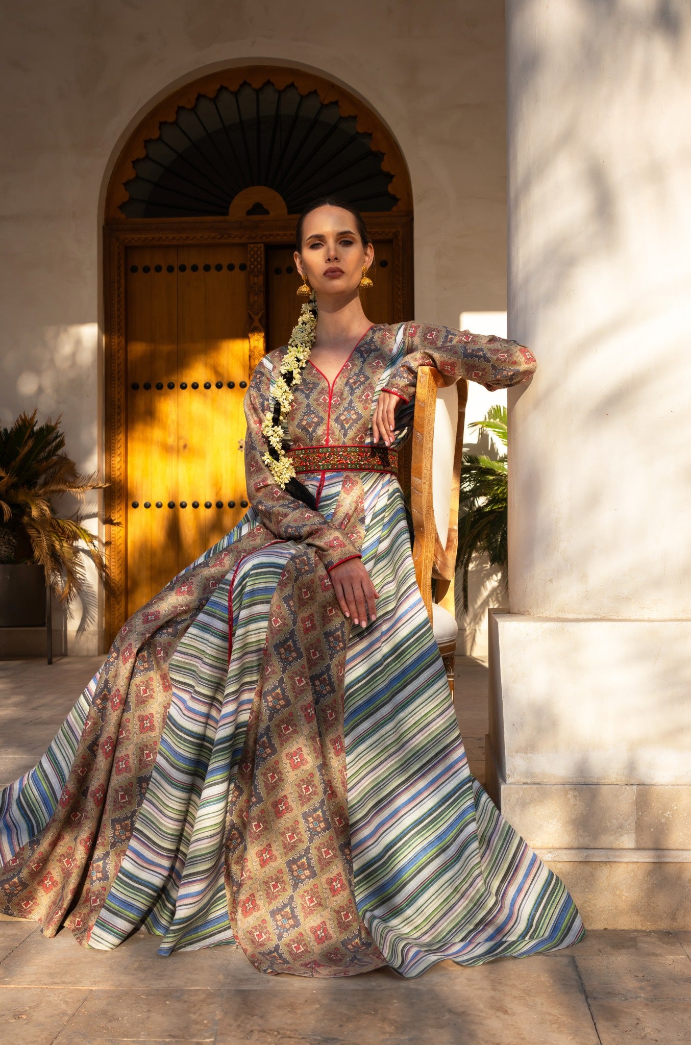 Multicolor Panel Belted Kaftan