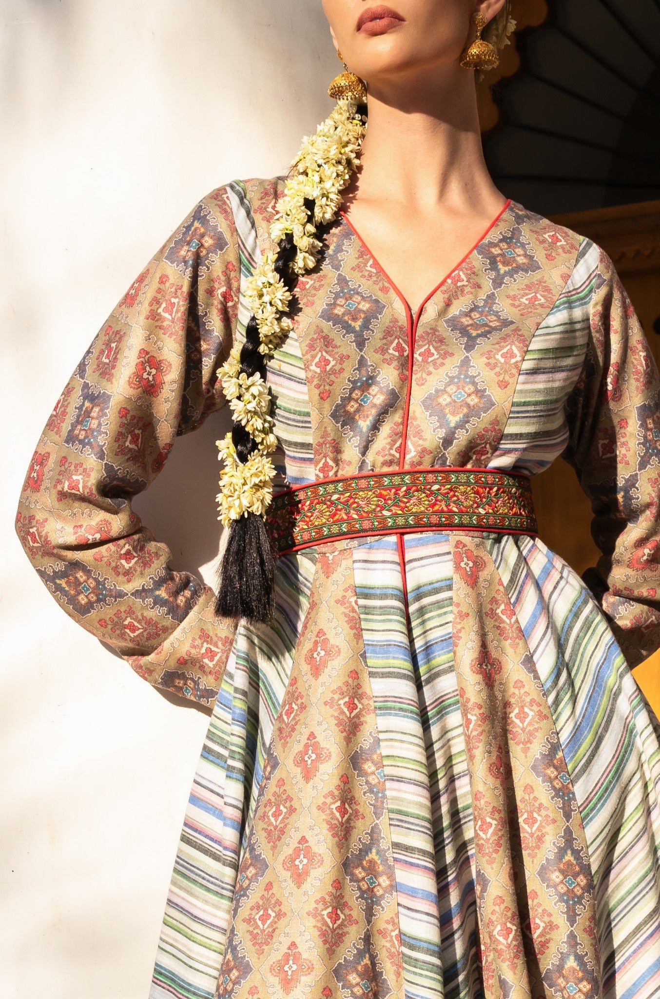 Multicolor Panel Belted Kaftan