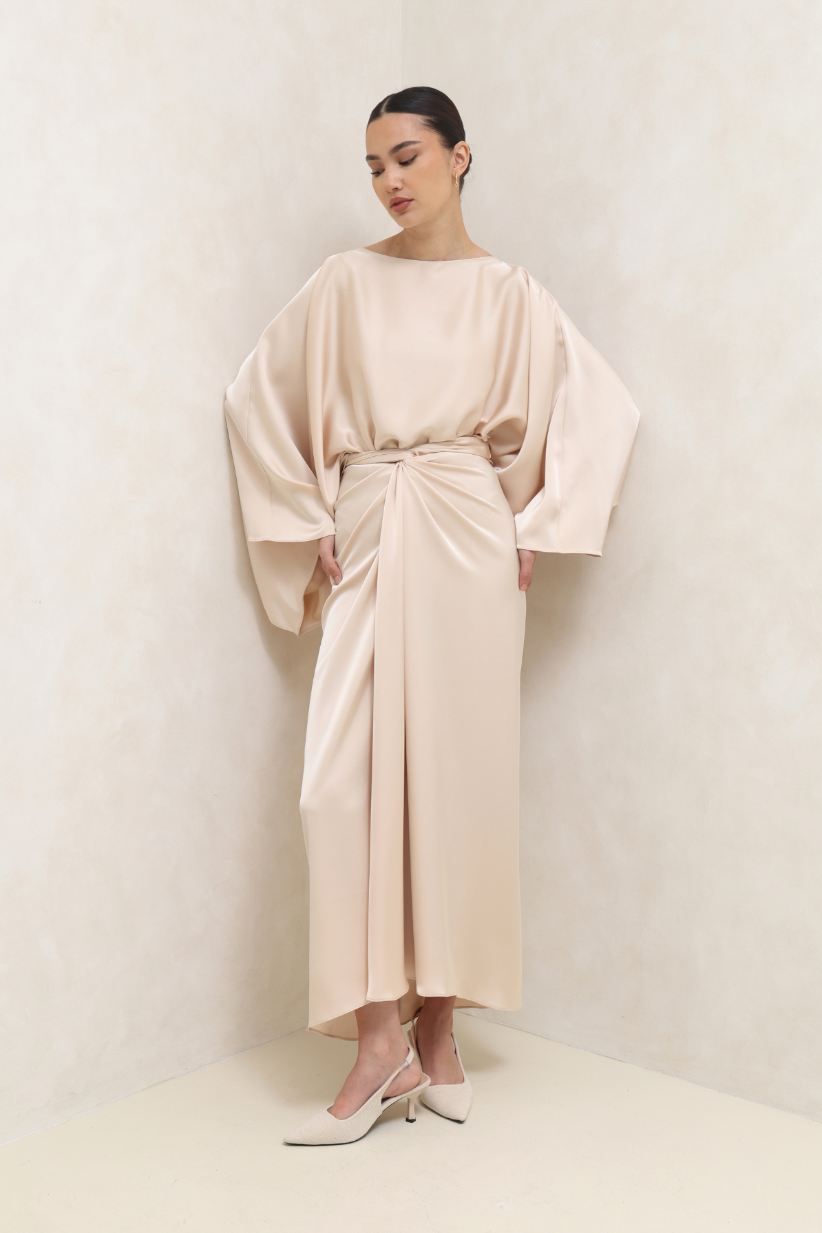 pearl beige dress Wrap Cape – Anmar Gallery waist and hips allows Ready for Merch Change Color (10 $):As pictured Costarellos Dellana crystal-embellished long-sleeve