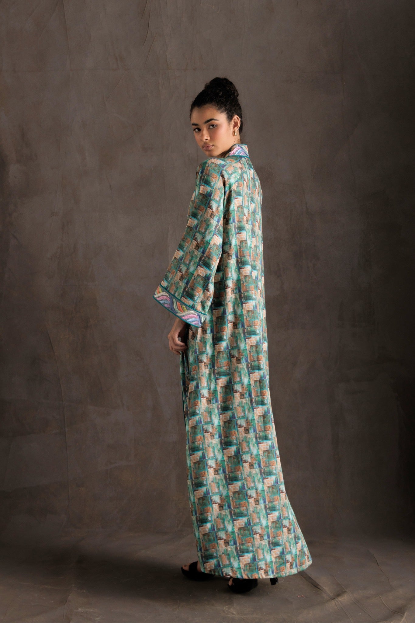 Tropical Print Embroidered Jalabiya - Turquoise