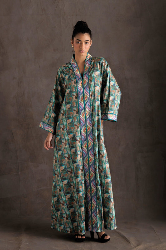 Tropical Print Embroidered Jalabiya - Turquoise