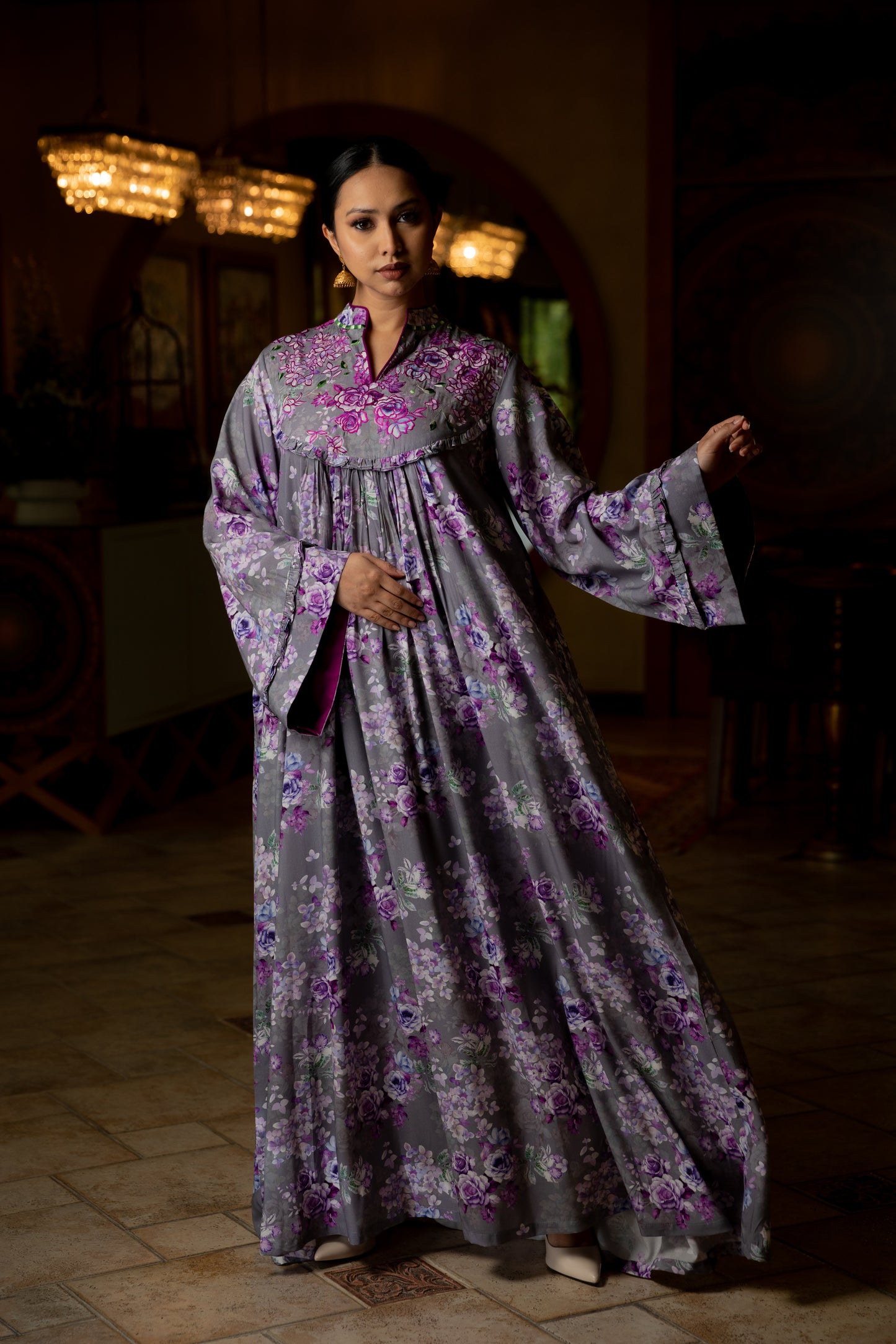 Gathered chest Floral Jalabiya - Anmar Couture