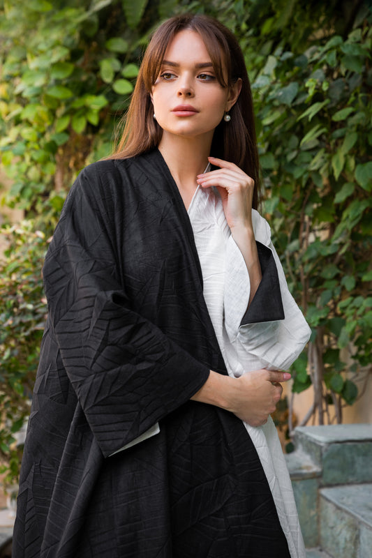 Leaf Textured Black & White Abaya - Anmar Couture