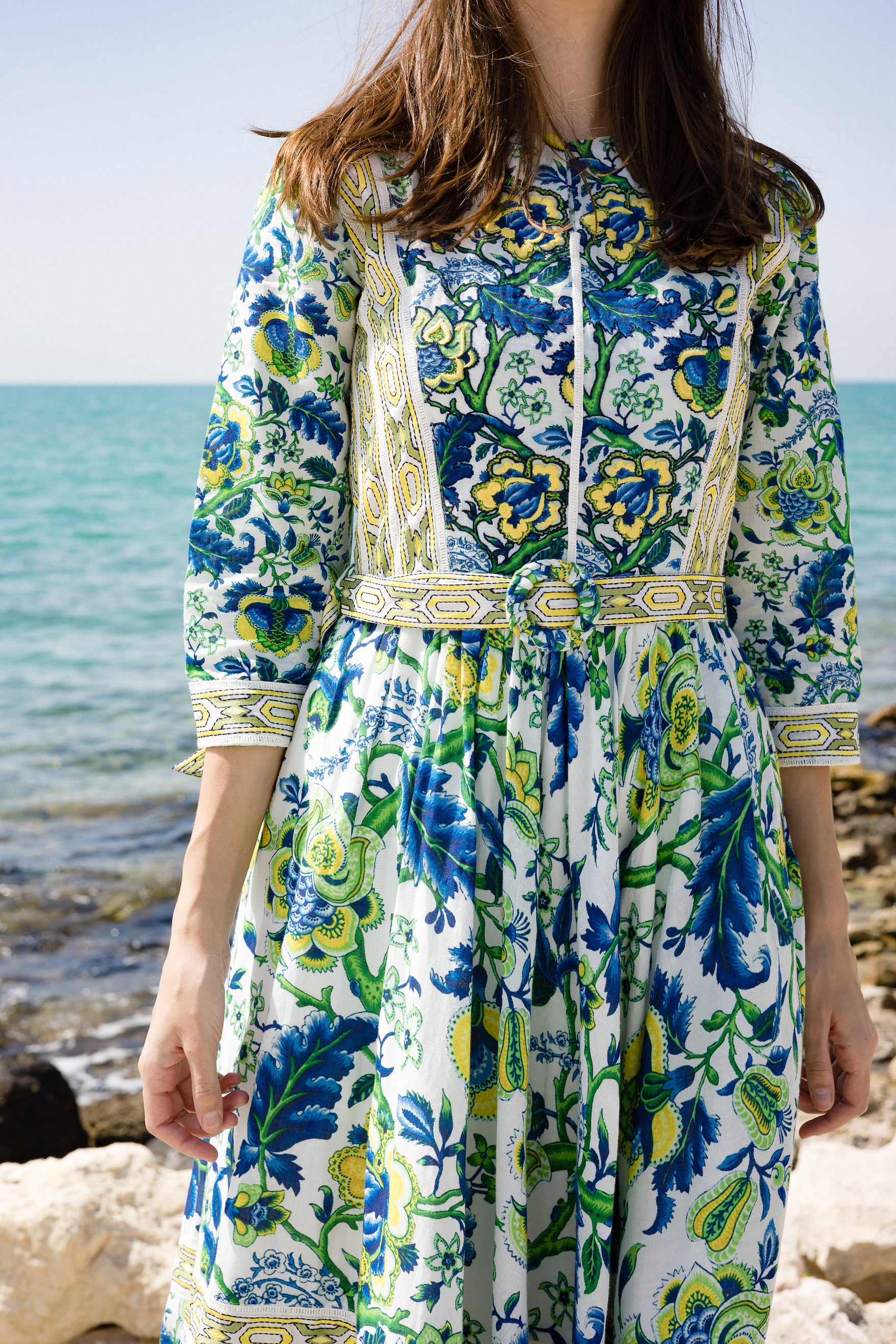 سماويات - Blue and Yellow Floral Printed Linen Midi Dress - Anmar Couture
