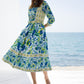 سماويات - Blue and Yellow Floral Printed Linen Midi Dress - Anmar Couture