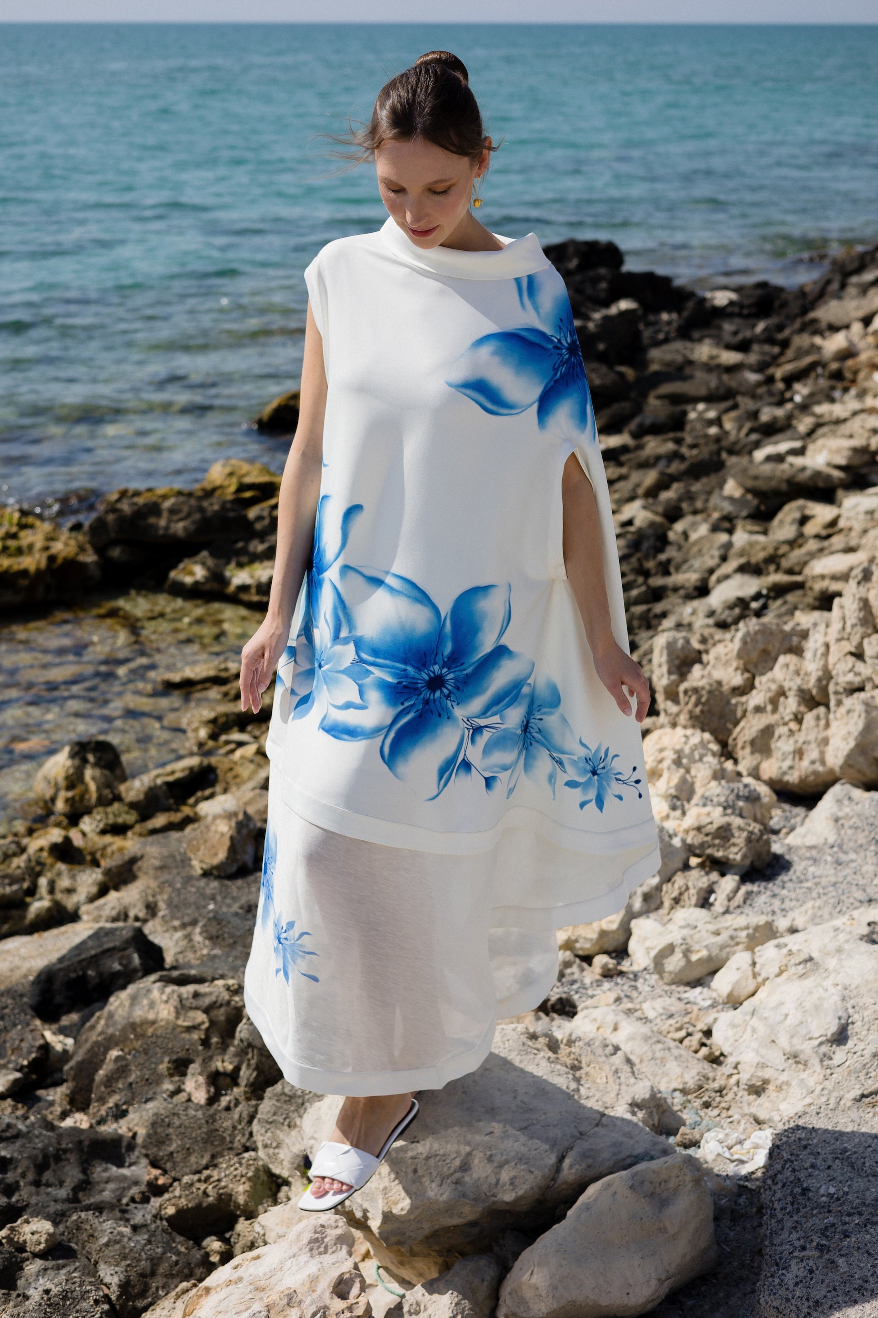 سماويات - Asymetrical Hand Painted Midi Dress - Anmar Couture