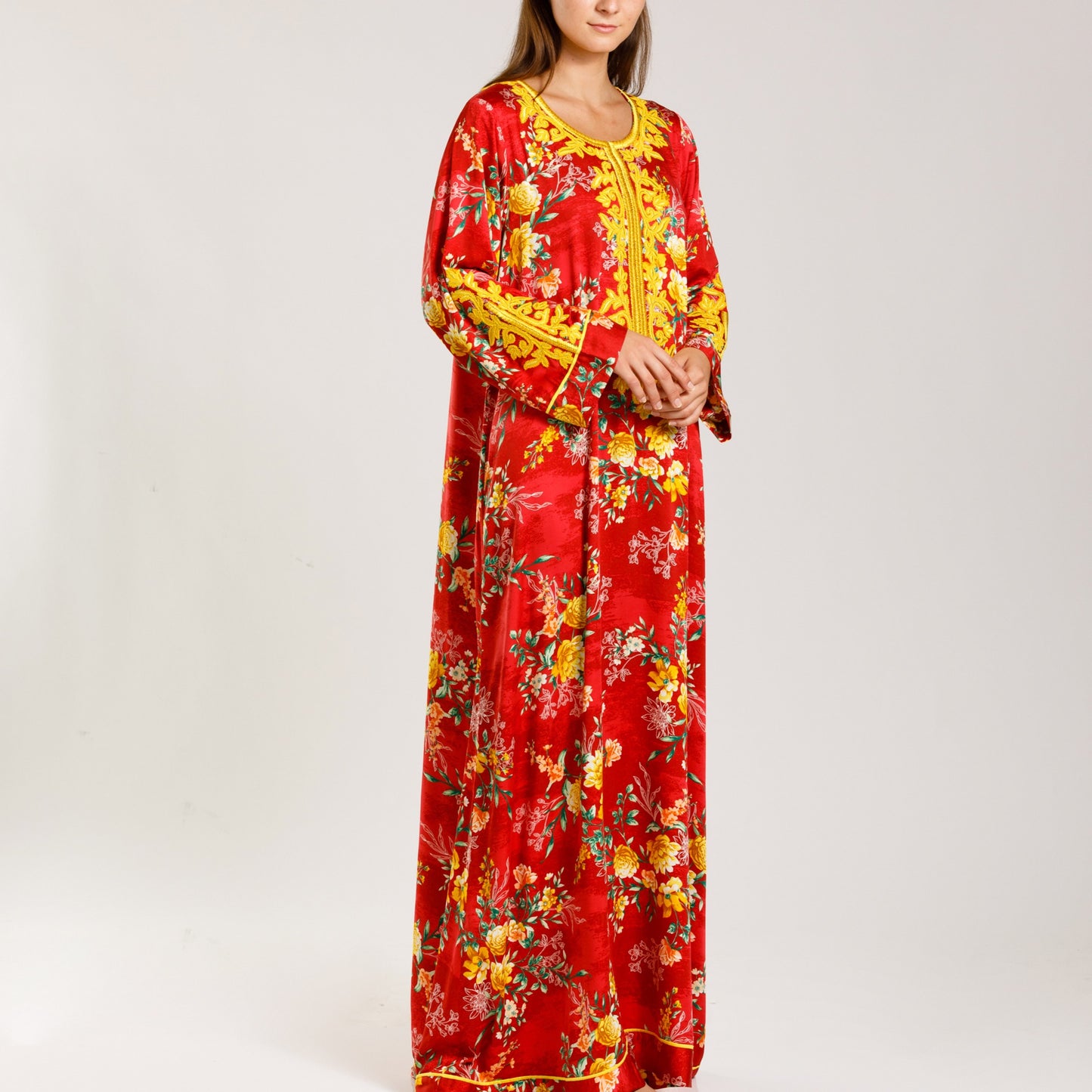 Floral Jalabiya with bright border embroidery neck line - Anmar Couture