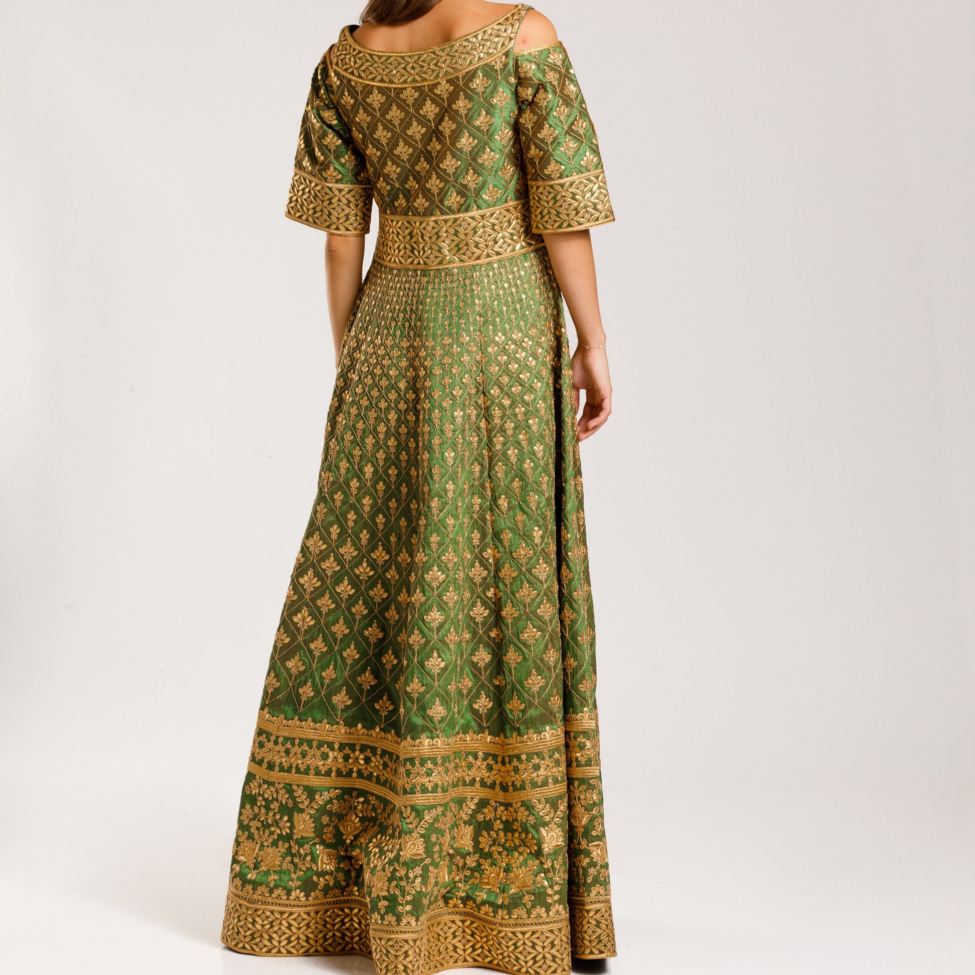 Off Shoulder Green Henna kaftan - Anmar Couture