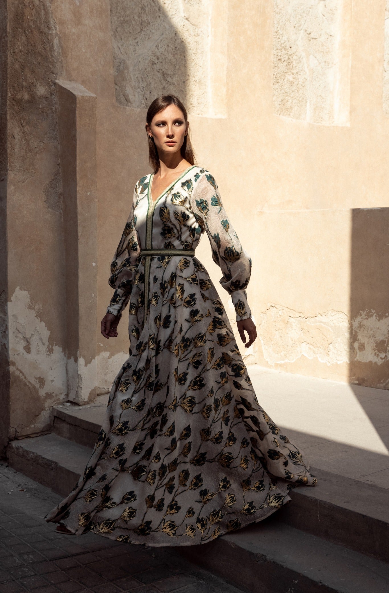 Long Sleeve  floral Organza Kaftan With Belt - Anmar Couture