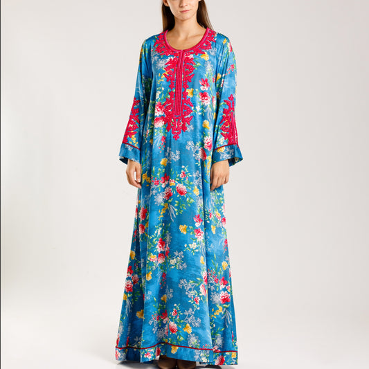 Floral Jalabiya with bright border embroidery neck line - Anmar Couture