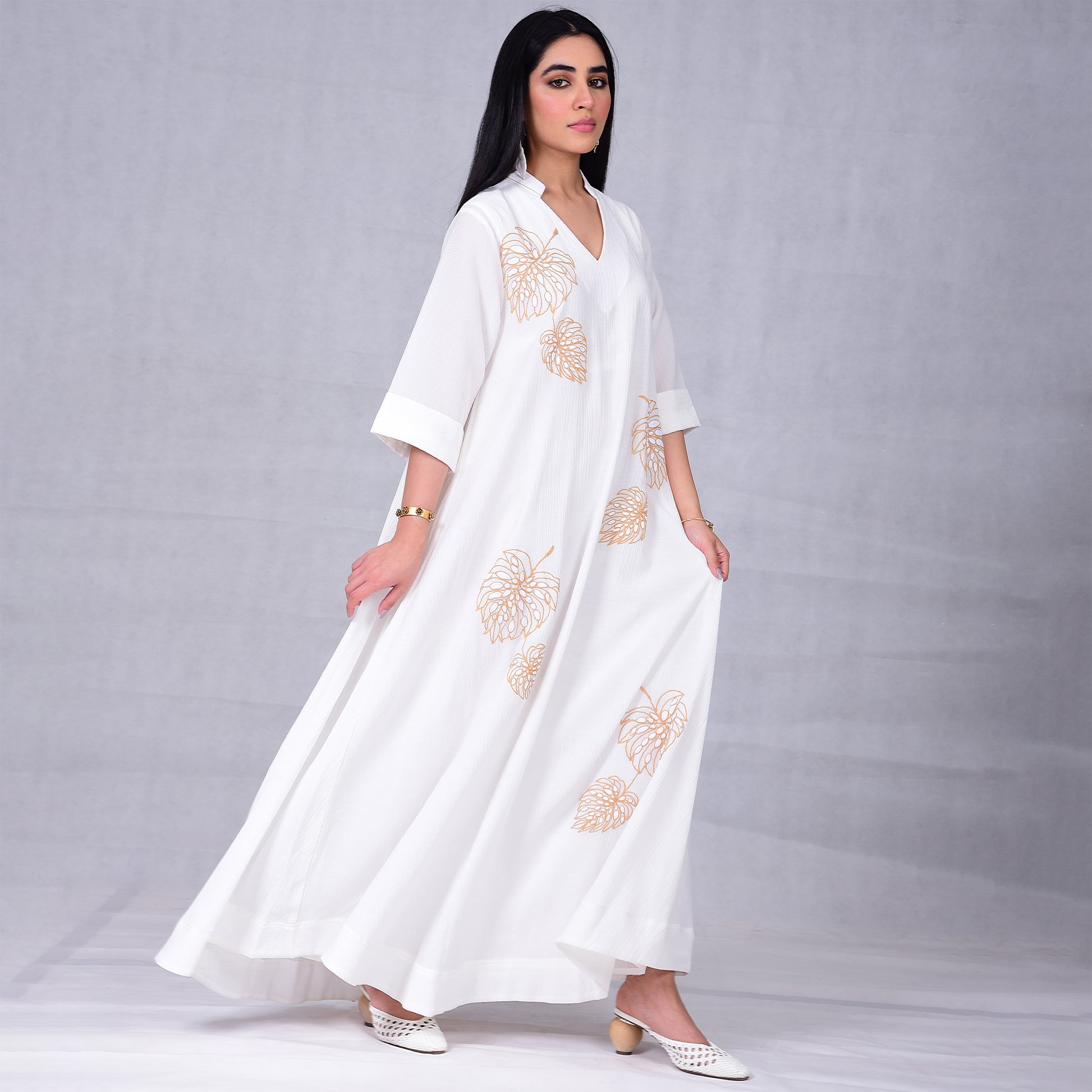 Leaf embroidery cotton pleated dress - Anmar Couture