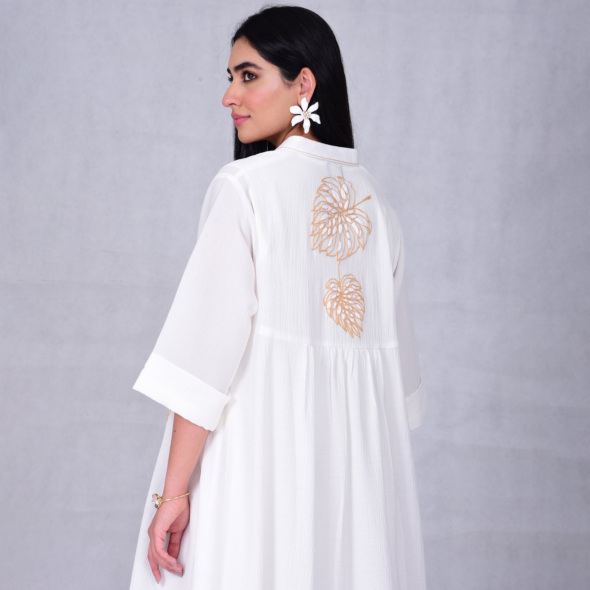 Leaf embroidery cotton pleated dress - Anmar Couture