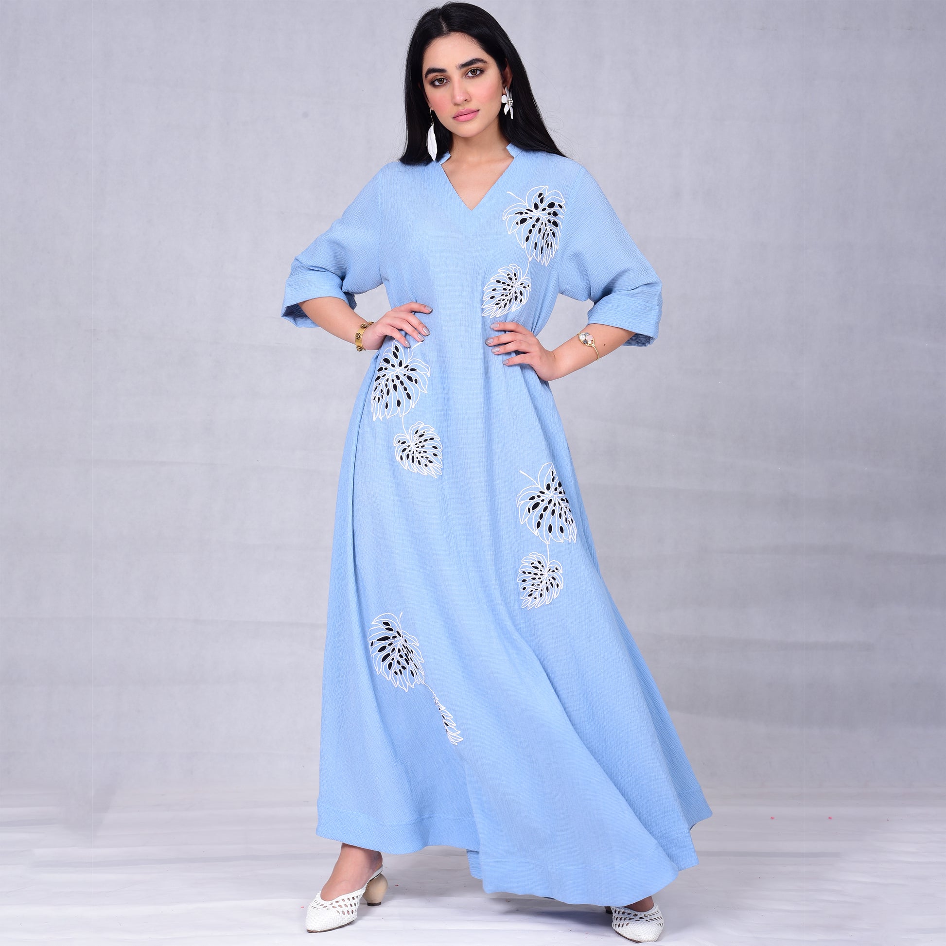 Leaf embroidery cotton pleated dress - Anmar Couture