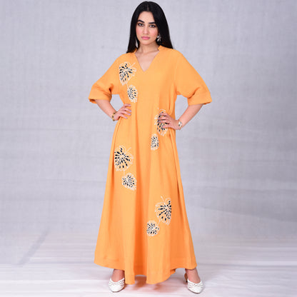 Leaf embroidery cotton pleated dress - Anmar Couture
