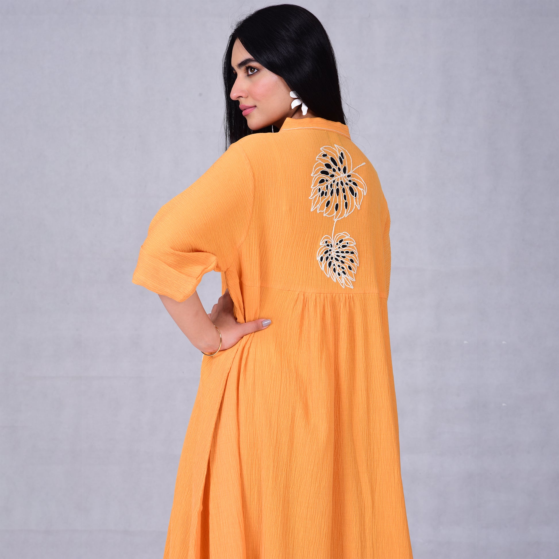 Leaf embroidery cotton pleated dress - Anmar Couture