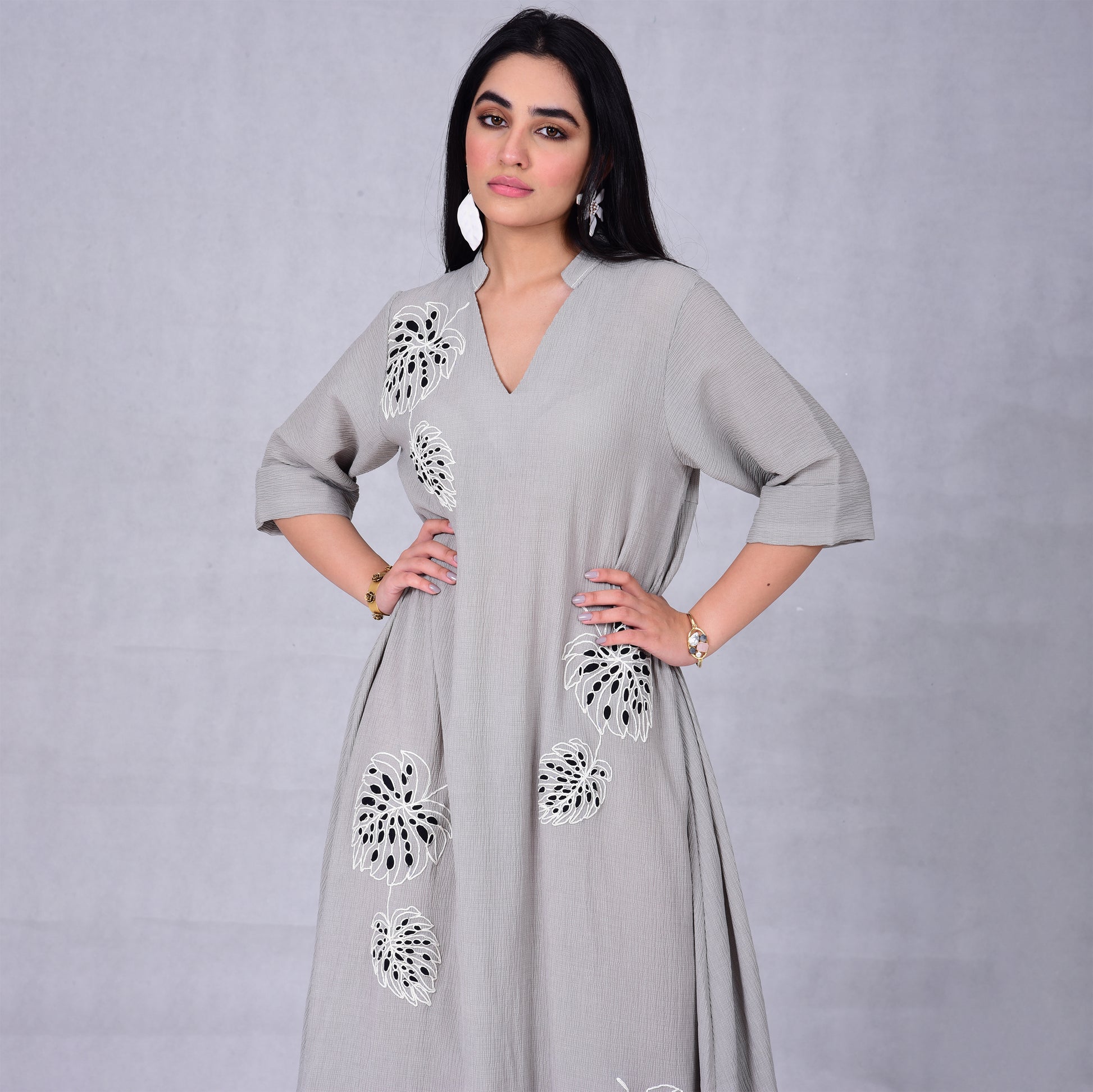 Leaf embroidery cotton pleated dress - Anmar Couture