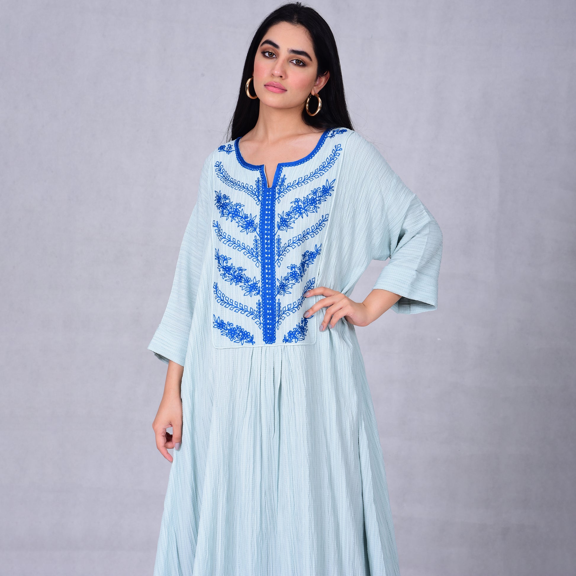 Soft pleated cotton dress with chest embroidery - Anmar Couture