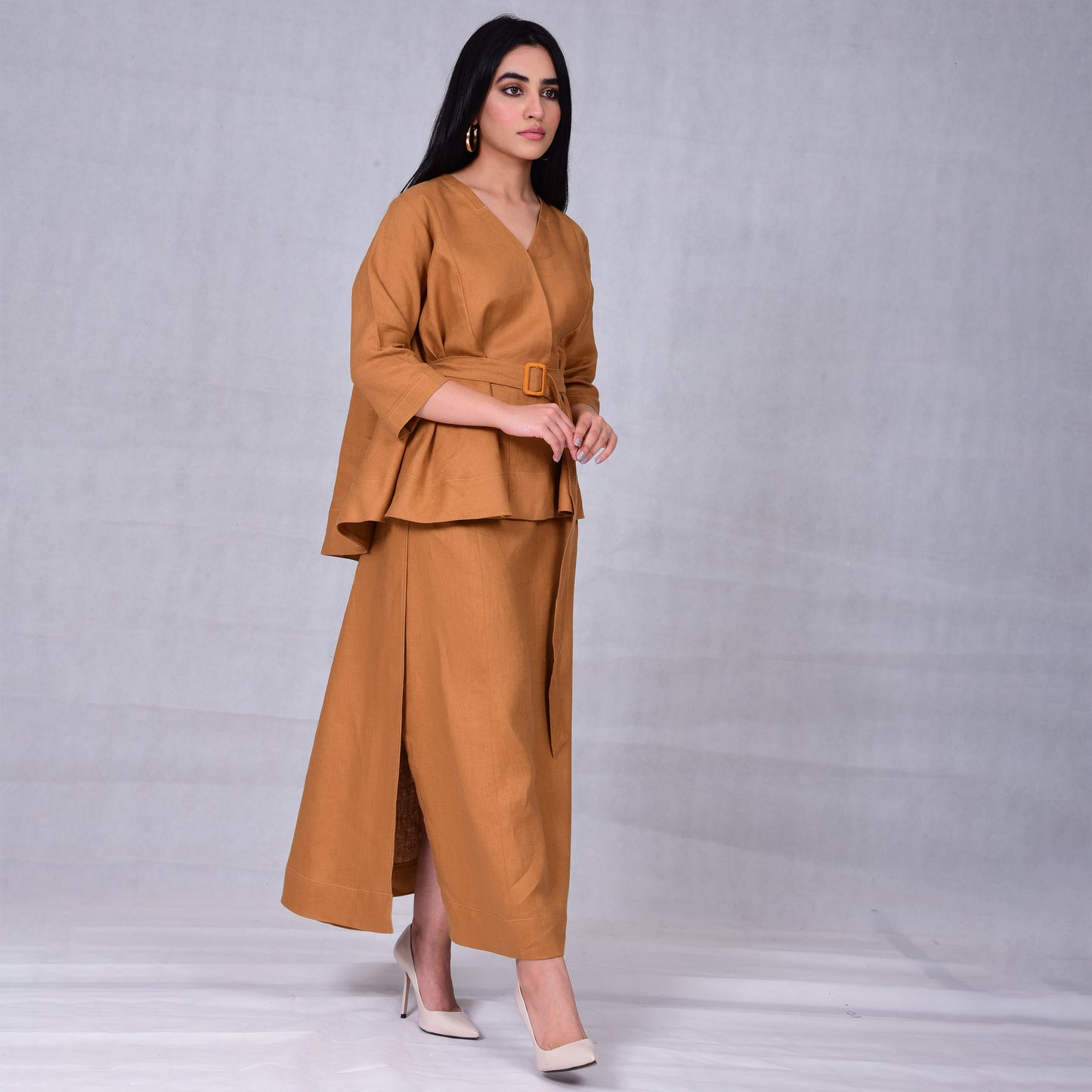 Linen top and skirt set with belt detail - Anmar Couture
